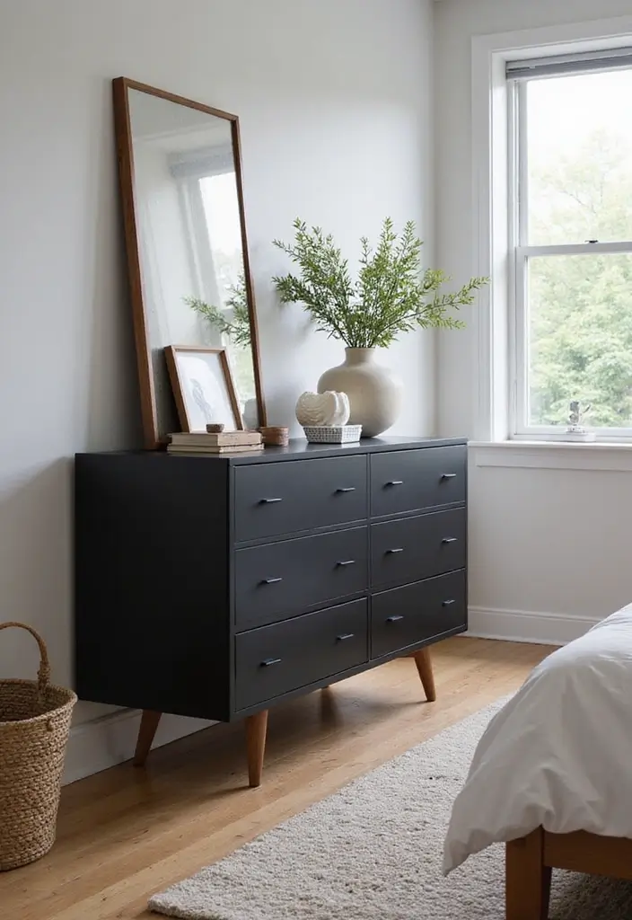 30 Black and Wood Bedroom Decor Ideas for a Modern Contrast 48 30 Black and Wood Bedroom Decor Ideas for a Modern Contrast - 14. Black Dresser with Wooden Legs