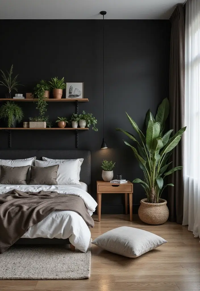 30 Black and Wood Bedroom Decor Ideas for a Modern Contrast 4 30 Black and Wood Bedroom Decor Ideas for a Modern Contrast - 2. Black Accent Wall with Wooden Shelving