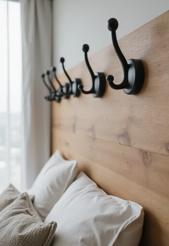 30 Black and Wood Bedroom Decor Ideas for a Modern Contrast 76 30 Black and Wood Bedroom Decor Ideas for a Modern Contrast - 26. Black Wall Hooks with Wood Backing