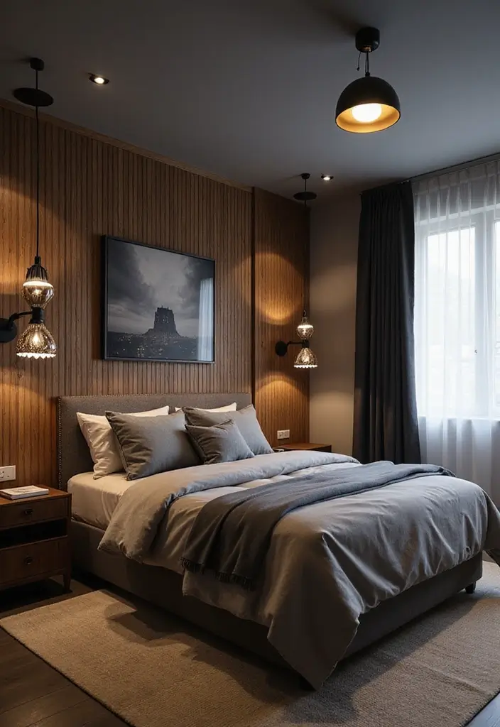 30 Black and Wood Bedroom Decor Ideas for a Modern Contrast 14 30 Black and Wood Bedroom Decor Ideas for a Modern Contrast - 6. Black Lighting Fixtures with Wood Details