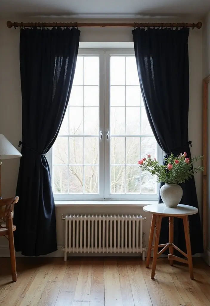 30 Black and Wood Bedroom Decor Ideas for a Modern Contrast 28 30 Black and Wood Bedroom Decor Ideas for a Modern Contrast - 8. Black Curtains with Wooden Rods
