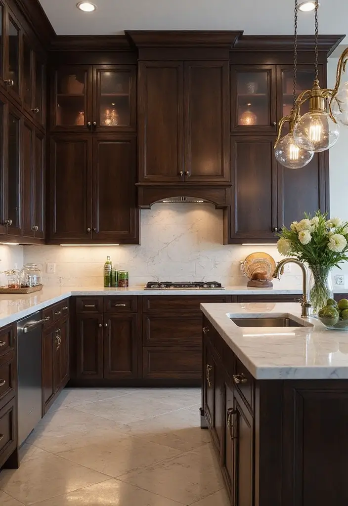 30 Dark Wood Kitchen Cabinet Decor Ideas for a Sophisticated Home - 1. Contrast with Light Countertops