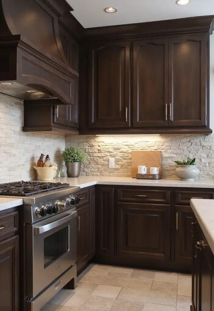 30 Dark Wood Kitchen Cabinet Decor Ideas for a Sophisticated Home - 15. Textured Wall Treatments