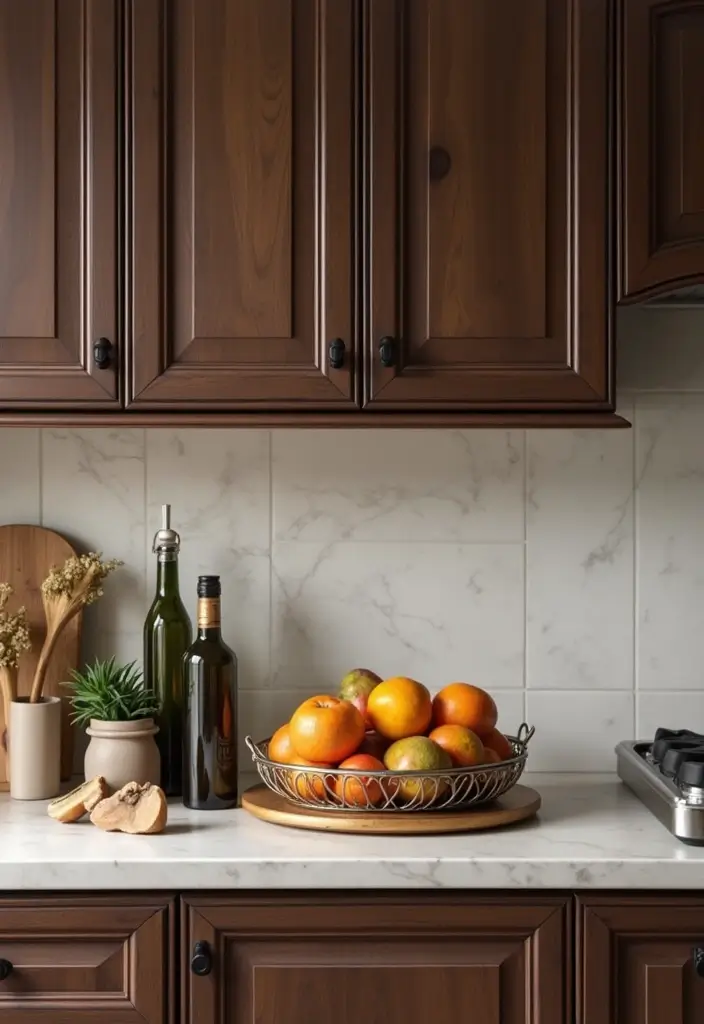 30 Dark Wood Kitchen Cabinet Decor Ideas for a Sophisticated Home - 16. Decorative Tray Displays
