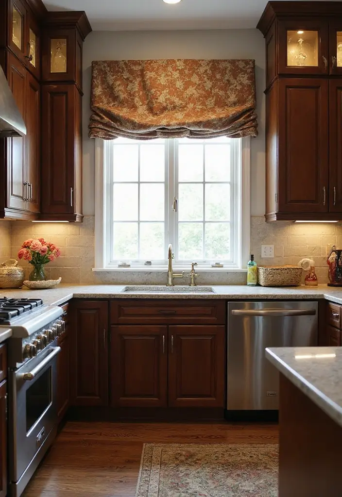 30 Dark Wood Kitchen Cabinet Decor Ideas for a Sophisticated Home - 18. Elegant Window Treatments