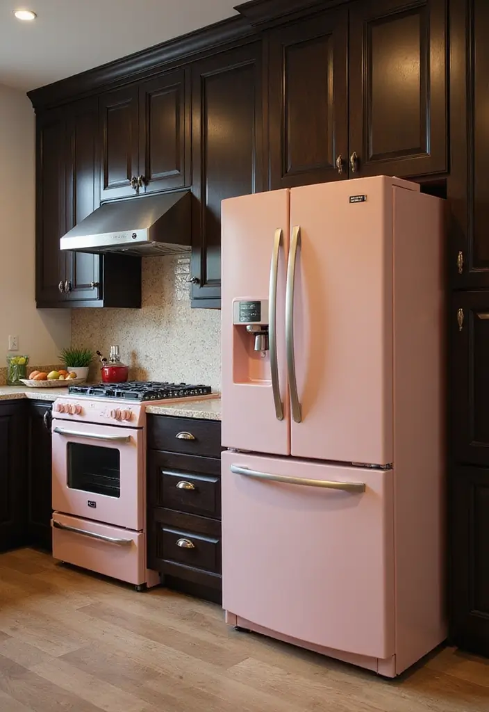 30 Dark Wood Kitchen Cabinet Decor Ideas for a Sophisticated Home - 19. Unique Appliance Colors