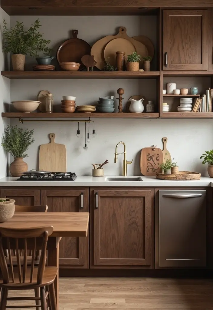 30 Dark Wood Kitchen Cabinet Decor Ideas for a Sophisticated Home - 2. Open Shelving with Wood Accents