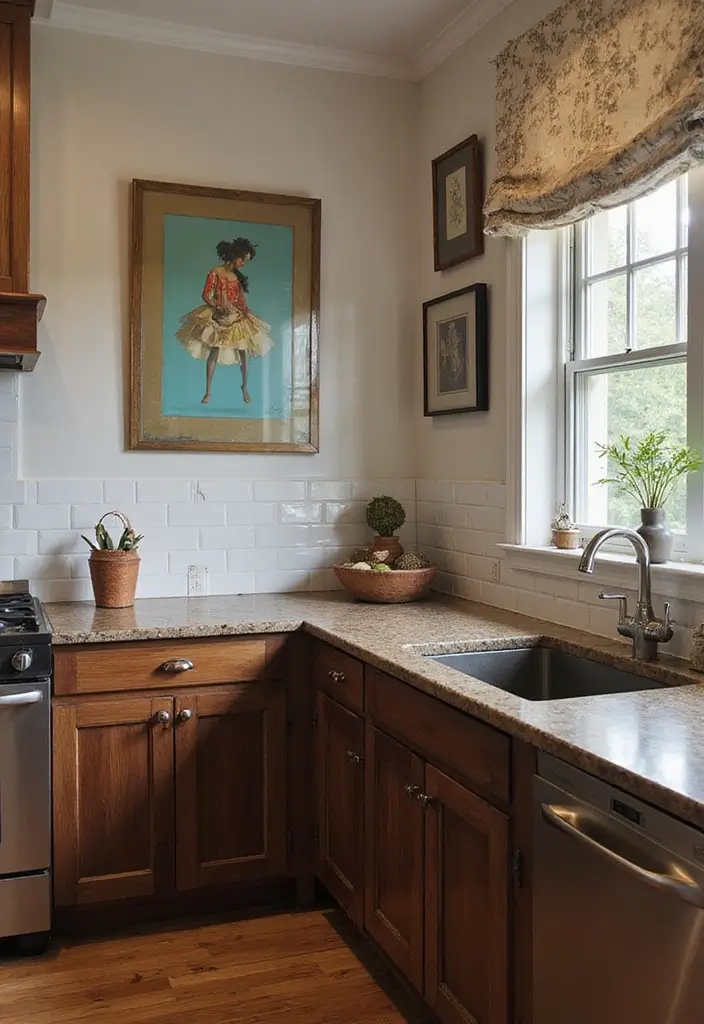 30 Dark Wood Kitchen Cabinet Decor Ideas for a Sophisticated Home - 22. Artwork and Wall Decor