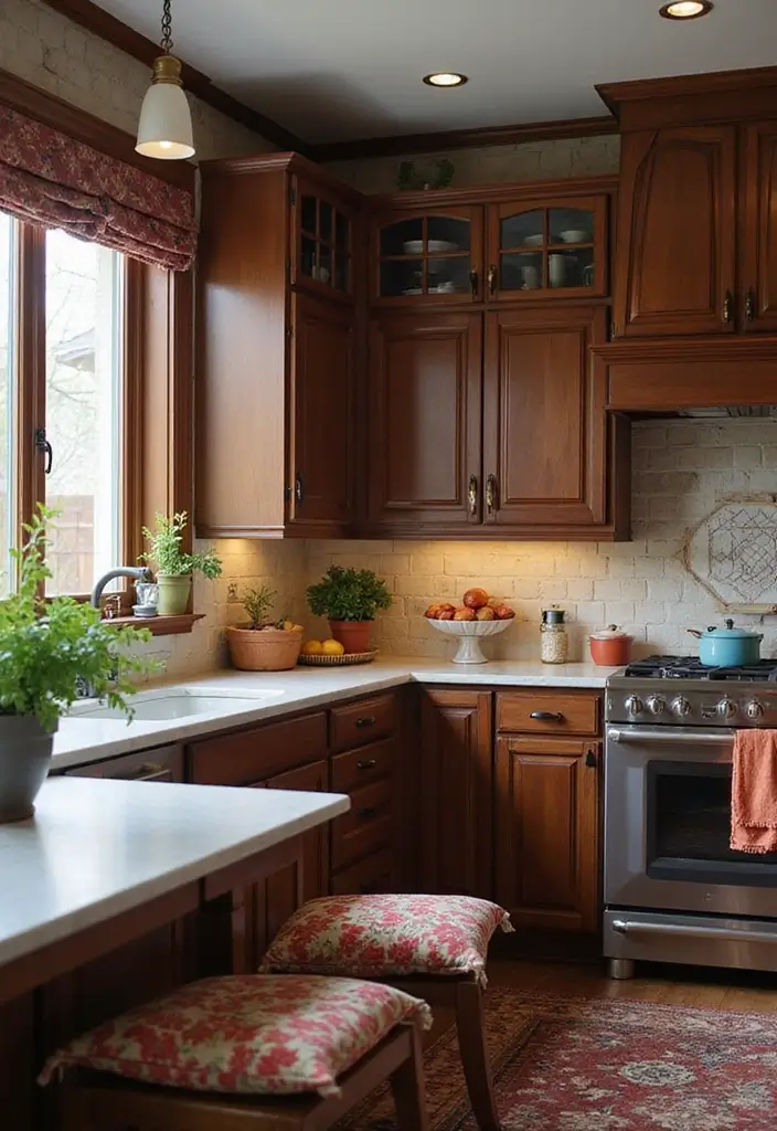 30 Dark Wood Kitchen Cabinet Decor Ideas for a Sophisticated Home - 24. Mixing Textiles