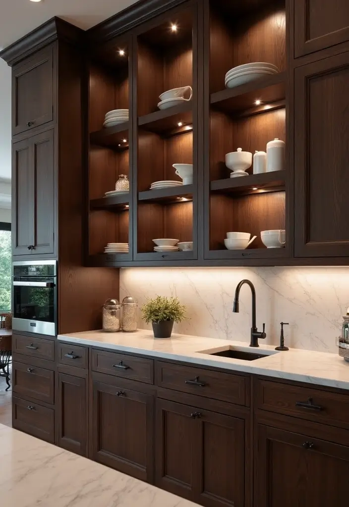 30 Dark Wood Kitchen Cabinet Decor Ideas for a Sophisticated Home - 26. Elegant Servingware Displays
