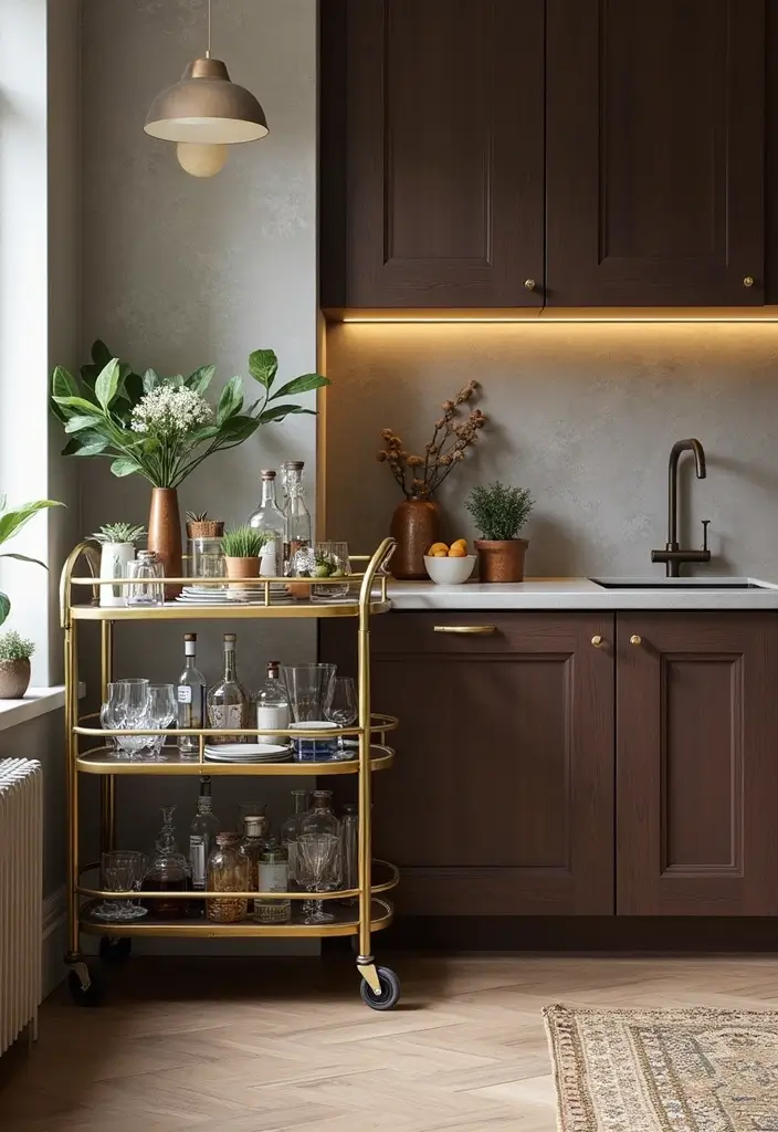 30 Dark Wood Kitchen Cabinet Decor Ideas for a Sophisticated Home - 27. Unique Bar Carts