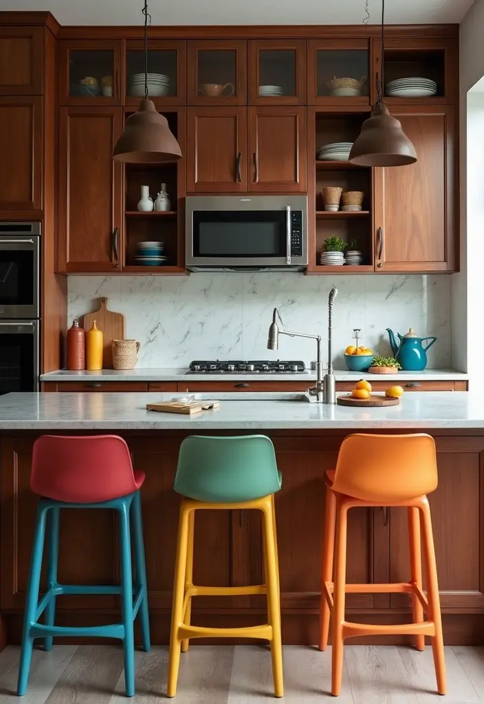 30 Dark Wood Kitchen Cabinet Decor Ideas for a Sophisticated Home - 29. Creative Use of Colorful Accents