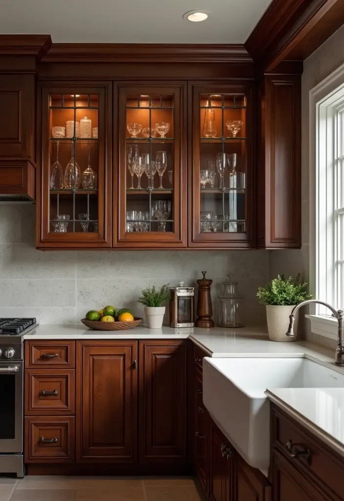 30 Dark Wood Kitchen Cabinet Decor Ideas for a Sophisticated Home - 6. Incorporating Glass Insert Doors