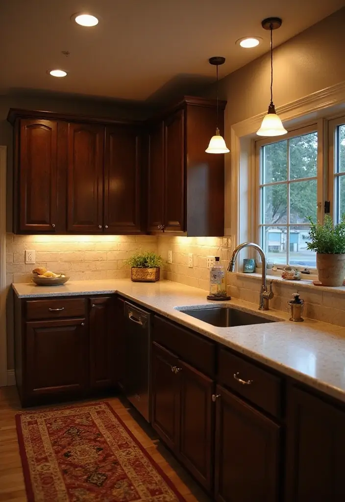 30 Dark Wood Kitchen Cabinet Decor Ideas for a Sophisticated Home - 9. Layered Lighting