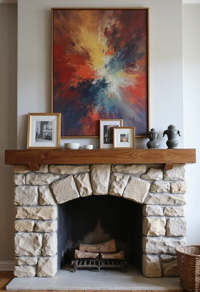 30 Stone Fireplace Decor Ideas with Wooden Mantles 30 30 Stone Fireplace Decor Ideas with Wooden Mantles - 10. Art Display