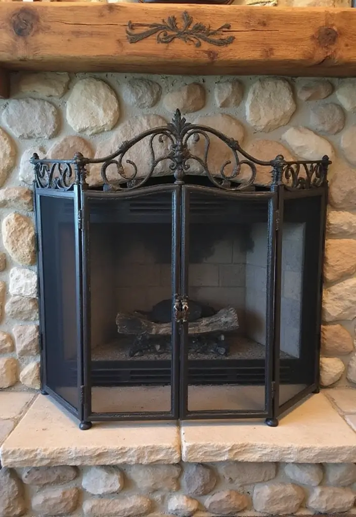 30 Stone Fireplace Decor Ideas with Wooden Mantles 37 30 Stone Fireplace Decor Ideas with Wooden Mantles - 11. Fireplace Screen
