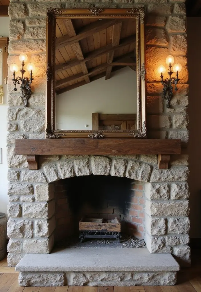 30 Stone Fireplace Decor Ideas with Wooden Mantles 38 30 Stone Fireplace Decor Ideas with Wooden Mantles - 12. Mirror Magic