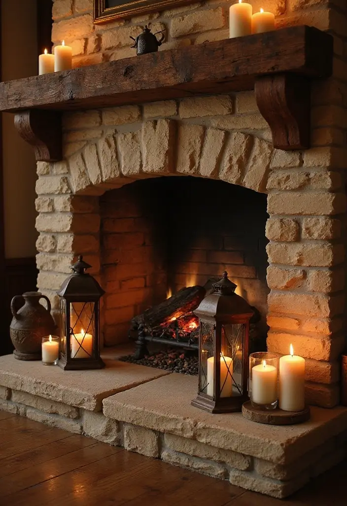 30 Stone Fireplace Decor Ideas with Wooden Mantles 50 30 Stone Fireplace Decor Ideas with Wooden Mantles - 16. Lantern Lighting