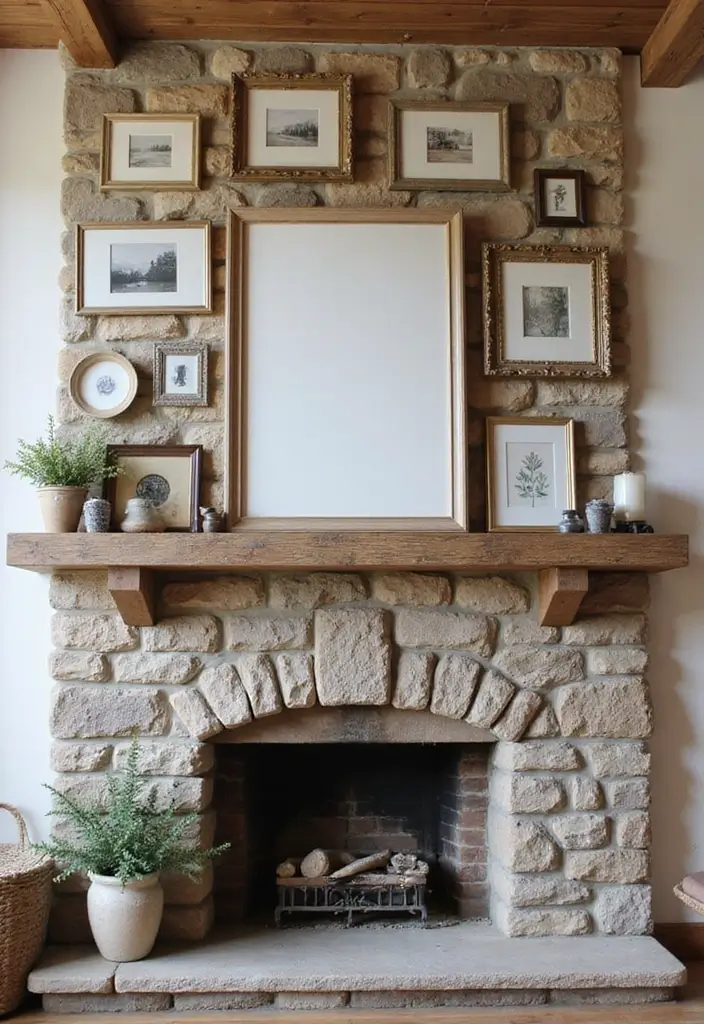 30 Stone Fireplace Decor Ideas with Wooden Mantles 57 30 Stone Fireplace Decor Ideas with Wooden Mantles - 17. Wall Art Collage