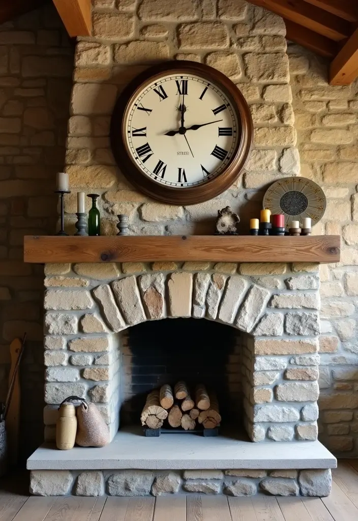 30 Stone Fireplace Decor Ideas with Wooden Mantles 58 30 Stone Fireplace Decor Ideas with Wooden Mantles - 18. Rustic Clock