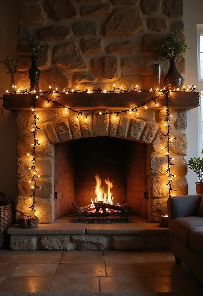 30 Stone Fireplace Decor Ideas with Wooden Mantles 61 30 Stone Fireplace Decor Ideas with Wooden Mantles - 19. String Lights