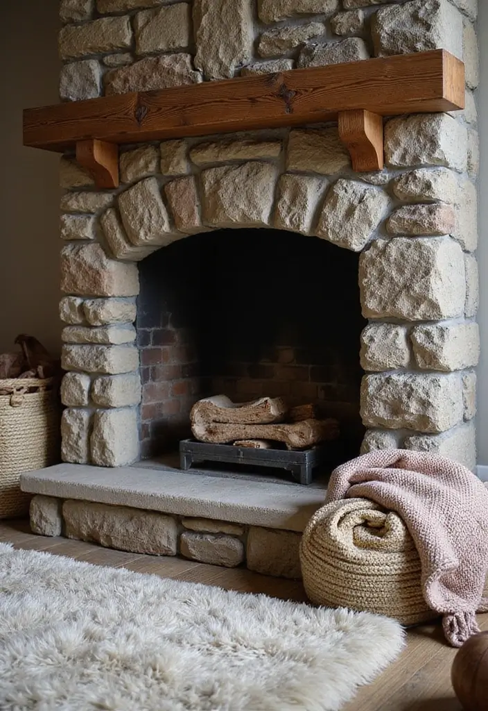 30 Stone Fireplace Decor Ideas with Wooden Mantles 8 30 Stone Fireplace Decor Ideas with Wooden Mantles - 2. Layered Textures