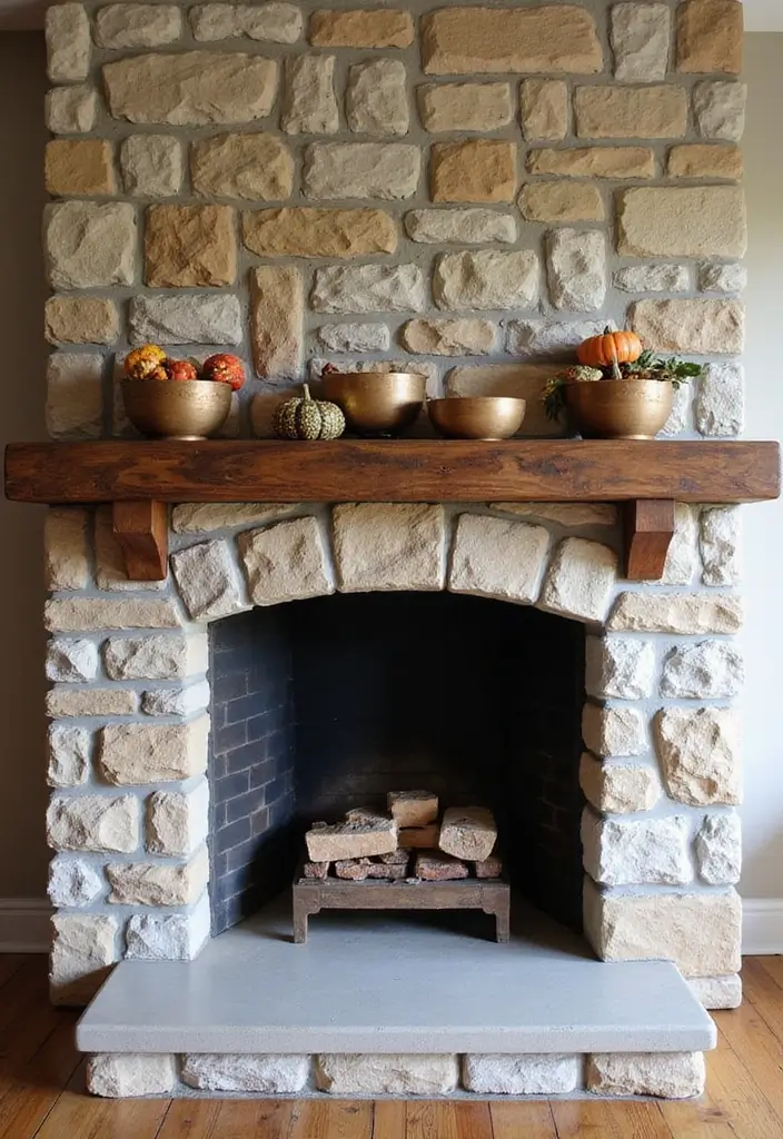 30 Stone Fireplace Decor Ideas with Wooden Mantles 62 30 Stone Fireplace Decor Ideas with Wooden Mantles - 20. Decorative Bowls