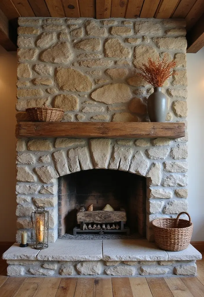 30 Stone Fireplace Decor Ideas with Wooden Mantles 72 30 Stone Fireplace Decor Ideas with Wooden Mantles - 22. Textured Wallpaper