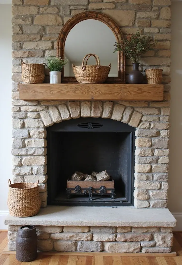 30 Stone Fireplace Decor Ideas with Wooden Mantles 75 30 Stone Fireplace Decor Ideas with Wooden Mantles - 23. Decorative Baskets