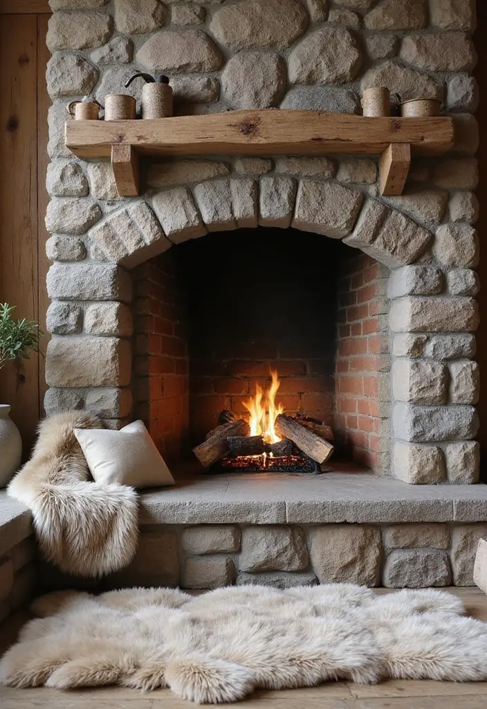 30 Stone Fireplace Decor Ideas with Wooden Mantles 83 30 Stone Fireplace Decor Ideas with Wooden Mantles - 25. Faux Fur Accents