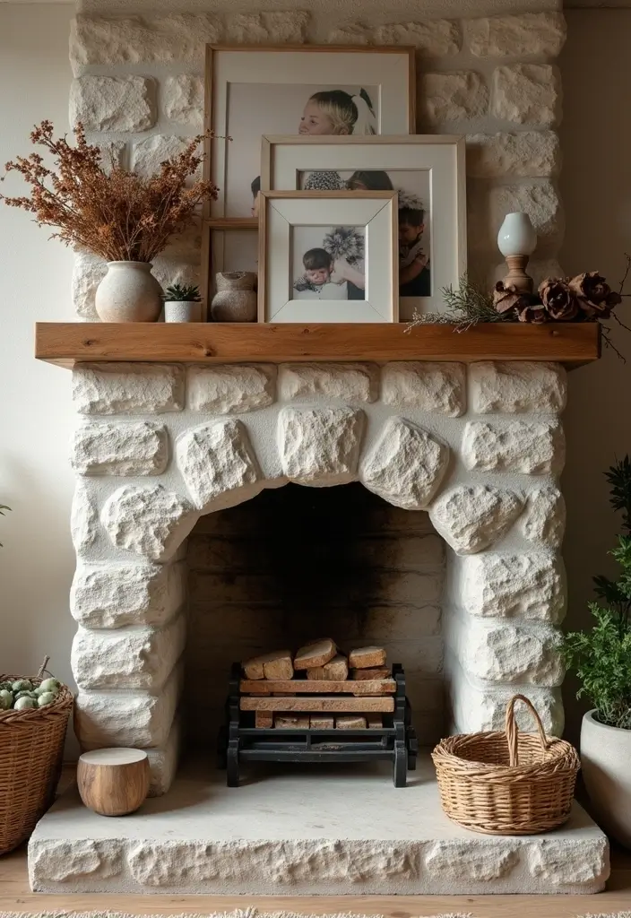 30 Stone Fireplace Decor Ideas with Wooden Mantles 90 30 Stone Fireplace Decor Ideas with Wooden Mantles - 26. Personal Touches