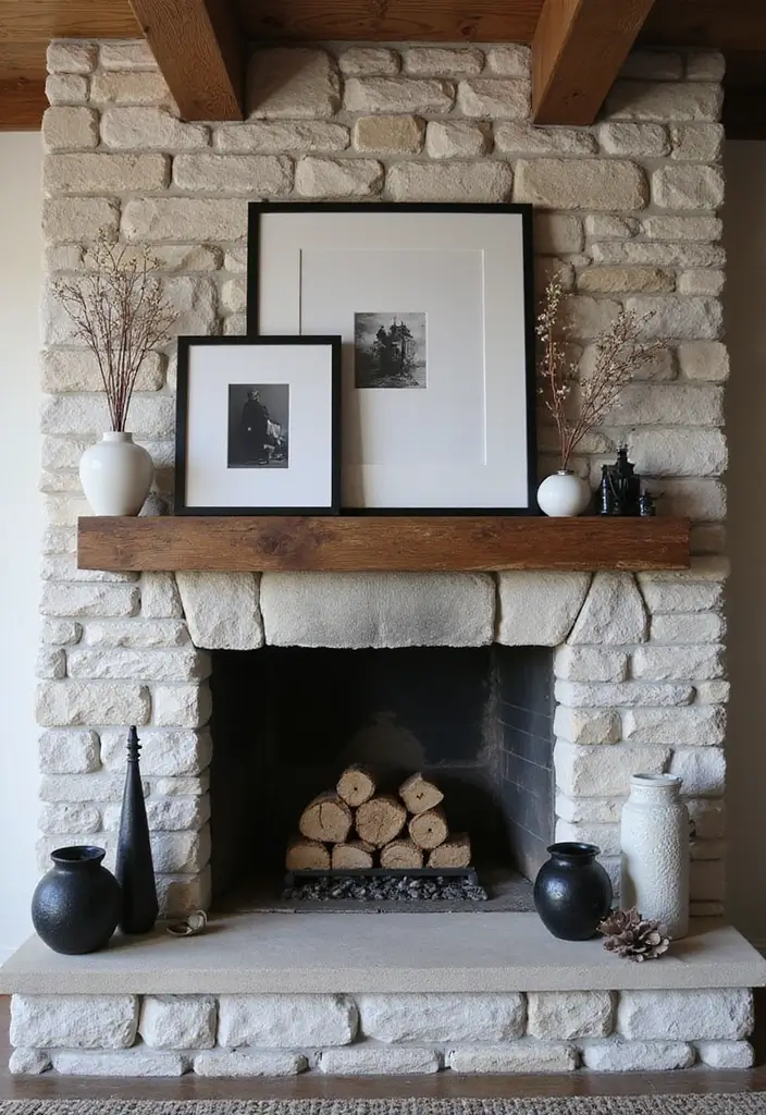 30 Stone Fireplace Decor Ideas with Wooden Mantles 97 30 Stone Fireplace Decor Ideas with Wooden Mantles - 27. Black and White Elements