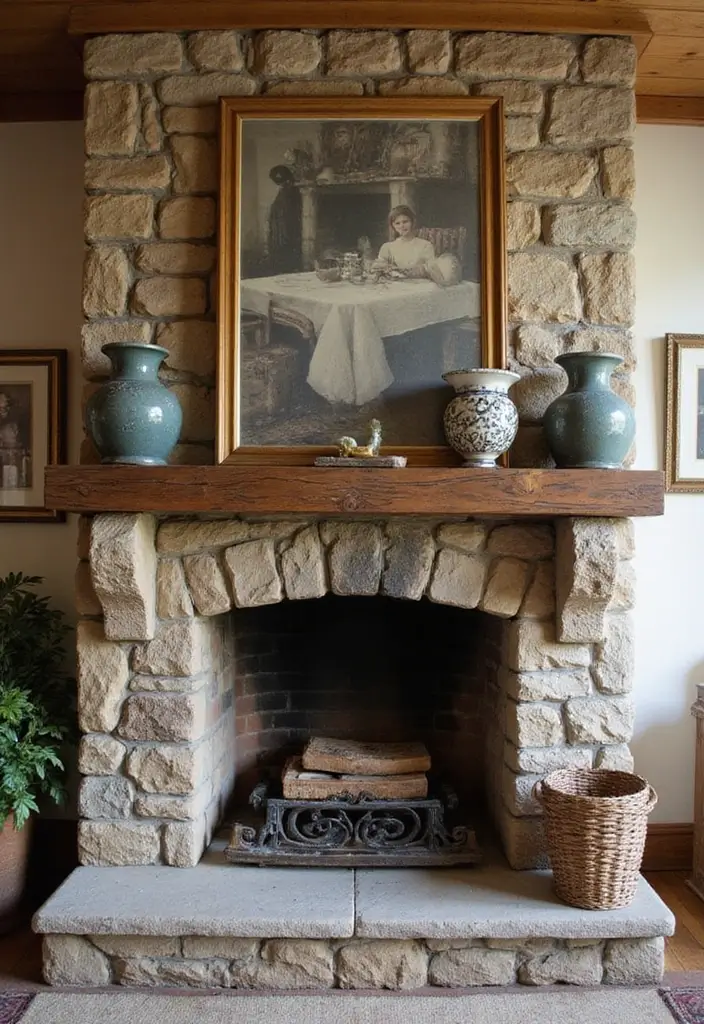 30 Stone Fireplace Decor Ideas with Wooden Mantles 104 30 Stone Fireplace Decor Ideas with Wooden Mantles - 28. Family Heirlooms