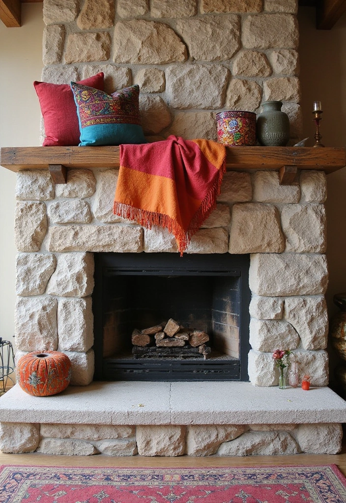 30 Stone Fireplace Decor Ideas with Wooden Mantles 111 30 Stone Fireplace Decor Ideas with Wooden Mantles - 29. Colorful Accents
