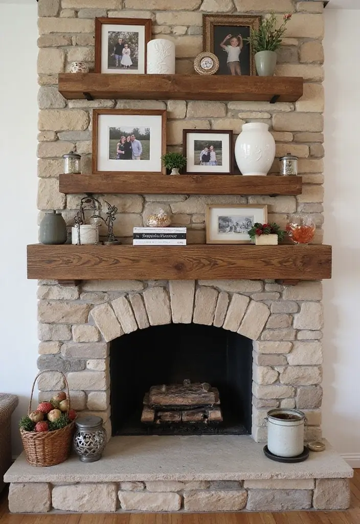 30 Stone Fireplace Decor Ideas with Wooden Mantles 15 30 Stone Fireplace Decor Ideas with Wooden Mantles - 3. Floating Shelves