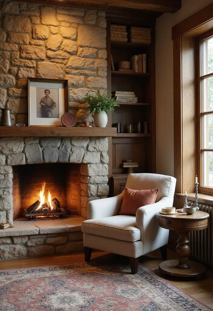 30 Stone Fireplace Decor Ideas with Wooden Mantles 118 30 Stone Fireplace Decor Ideas with Wooden Mantles - 30. A Cozy Nook