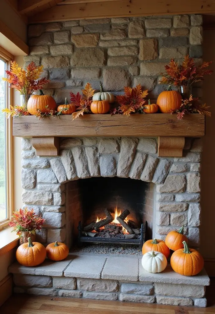 30 Stone Fireplace Decor Ideas with Wooden Mantles 23 30 Stone Fireplace Decor Ideas with Wooden Mantles - 5. Seasonal Themes
