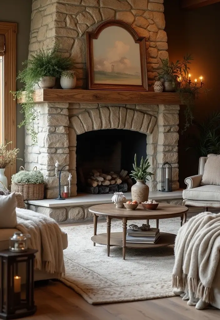 30 Stone Fireplace Decor Ideas with Wooden Mantles 24 30 Stone Fireplace Decor Ideas with Wooden Mantles - 6. Cozy Home Accents