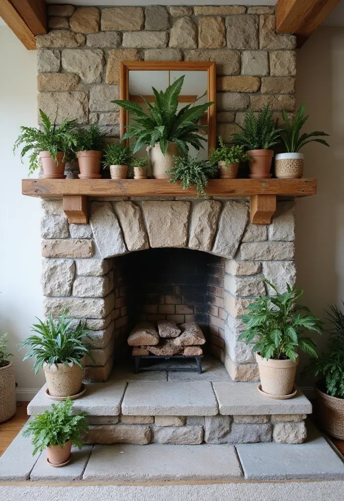 30 Stone Fireplace Decor Ideas with Wooden Mantles 25 30 Stone Fireplace Decor Ideas with Wooden Mantles - 7. Greenery and Plants
