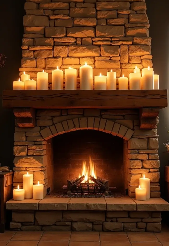 30 Stone Fireplace Decor Ideas with Wooden Mantles 28 30 Stone Fireplace Decor Ideas with Wooden Mantles - 8. Candle Arrangements