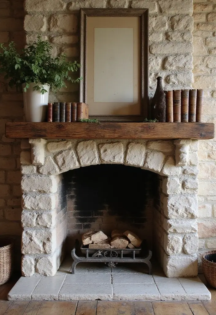 30 Stone Fireplace Decor Ideas with Wooden Mantles 29 30 Stone Fireplace Decor Ideas with Wooden Mantles - 9. Vintage Finds