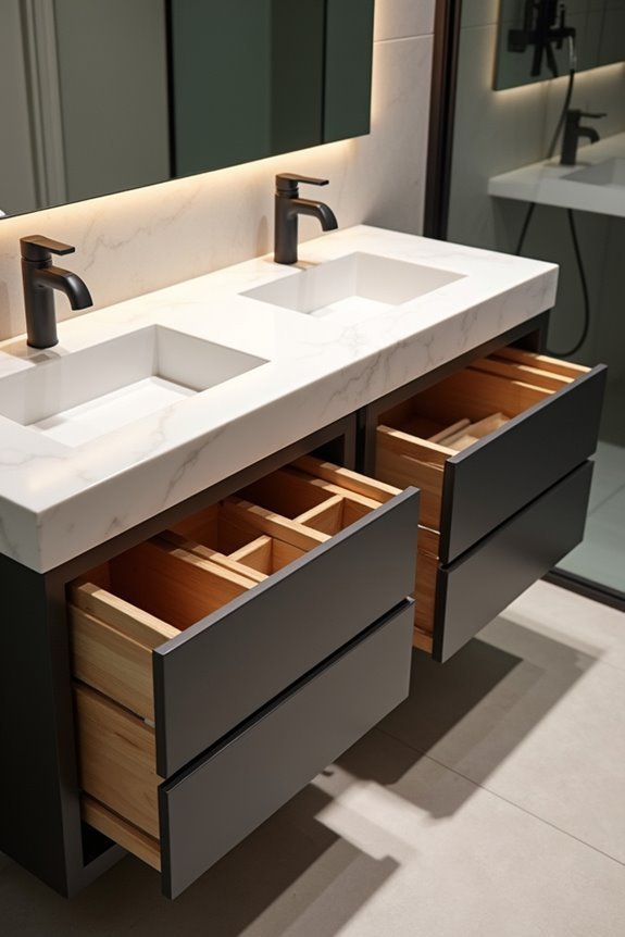 shared small bathroom storage drawers and cabinets